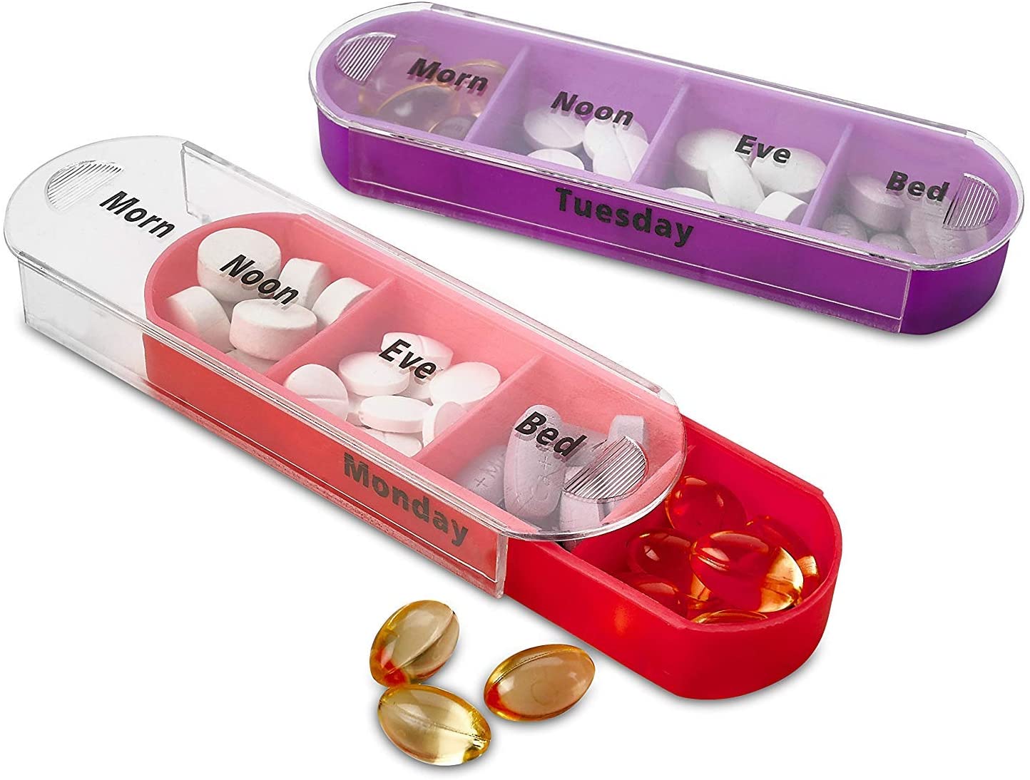 Colorido dispensador semanal de pastillas cuatro veces al día con compartimentos apilables