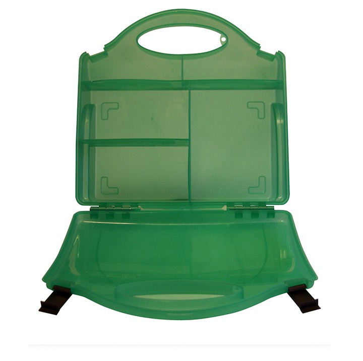 Botiquín de primeros auxilios de plástico vacío verde impermeable con gancho y divisor