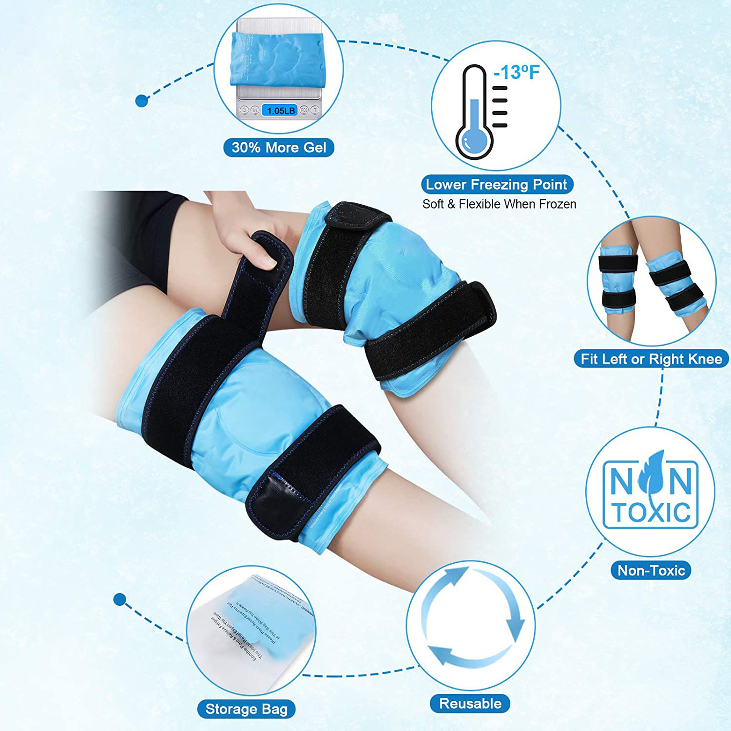Paquete frío instantáneo de gel ajustable para la rodilla para la hinchazón