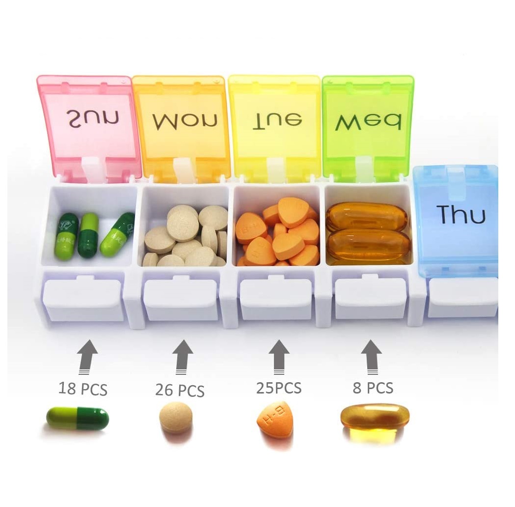 Práctico pastillero semanal de plástico con compartimentos grandes